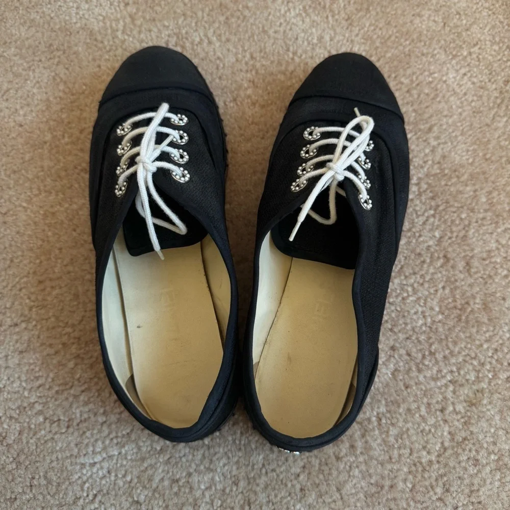 Chanel Lace Up Cotton Loafers Espadrilles 41 Black White